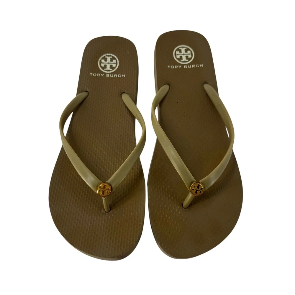Tory Burch Women Brown Olive Rubber Flip Flop Sandals Gold Logo Medallion Flat